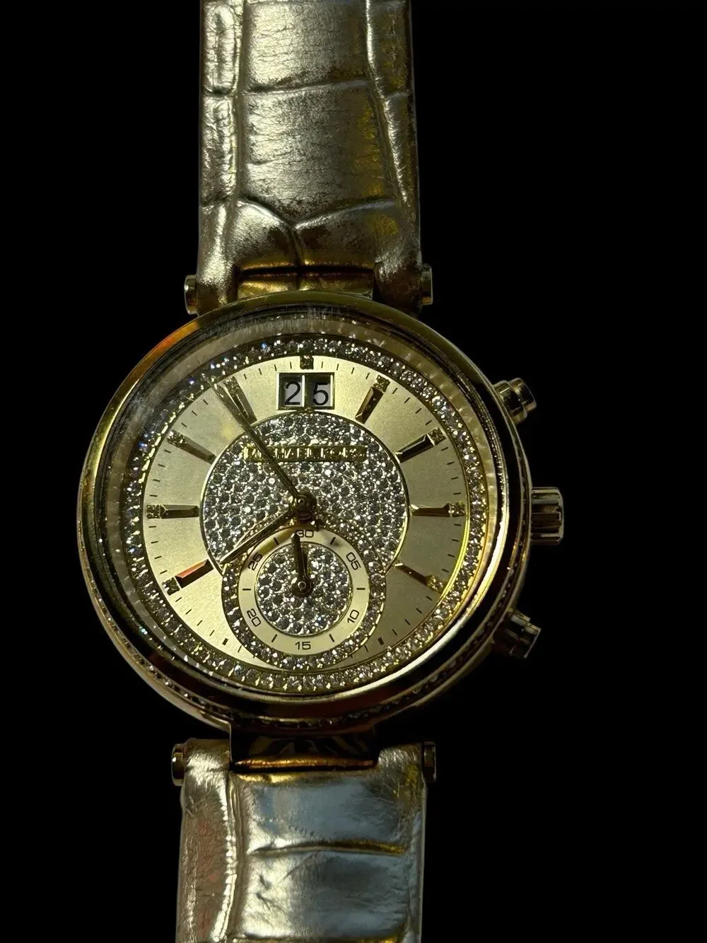 Michael Kors MK2444 Sawyer Champagne Dial Gold Leather Strap Chrono Women Watch